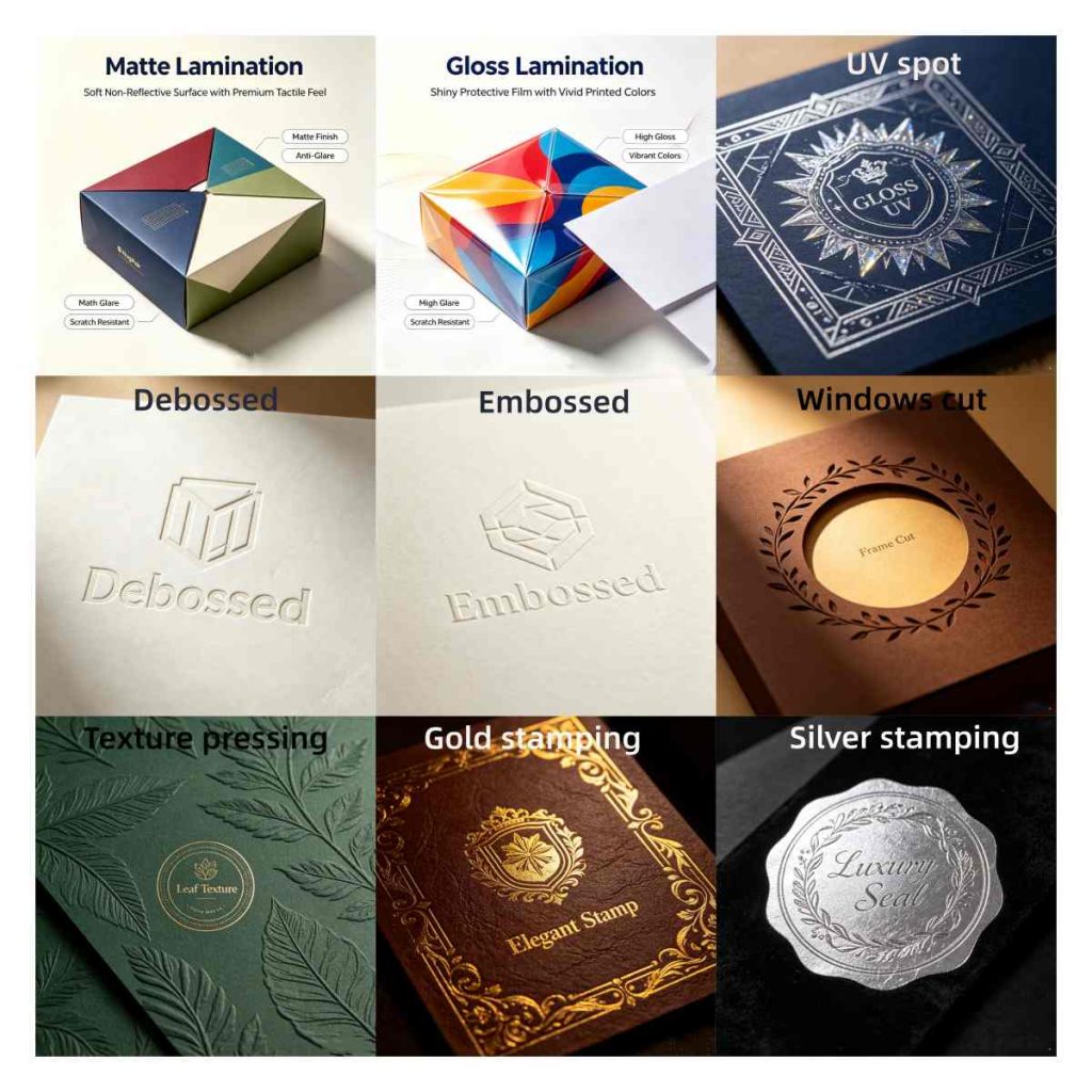 Various luxury packaging finishing techniques display including matte lamination, gloss lamination, debossing, embossing, hot stamping and foil edge gilding for custom gift boxes