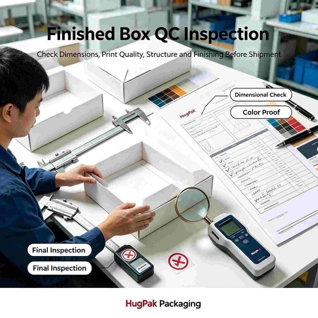 Professional strict quality control inspection for custom printed packaging boxes, checking printing color, structure dimension and finishing before delivery at HugPak Packaging factory