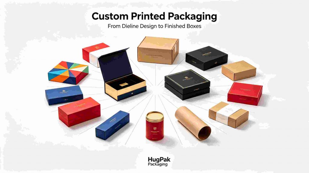 Full collection of custom luxury packaging boxes, folding cartons, rigid gift boxes, paper tubes and display stands, high-end printed packaging samples for wholesale and ecommerce brands - HugPak Packaging
