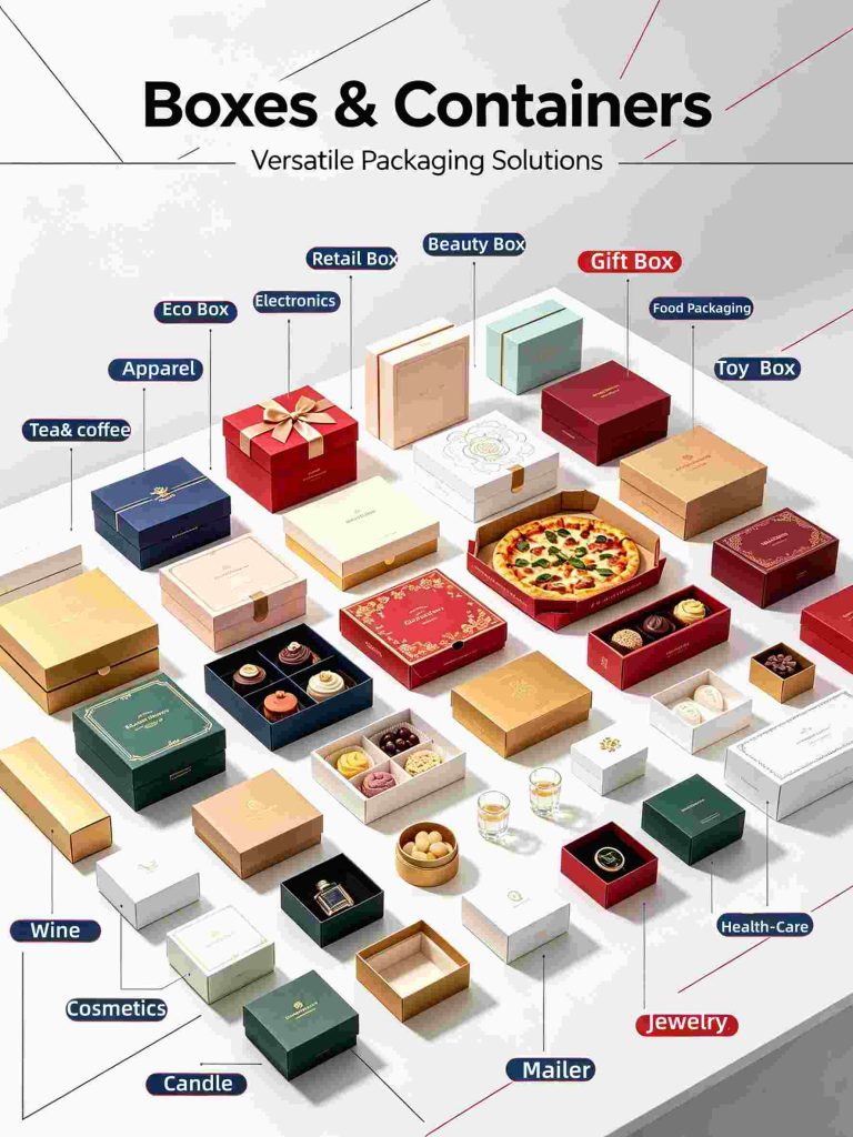 Isometric collection of custom printed packaging boxes, gift boxes, cosmetic, food, wine, jewelry, mailer boxes for HugPak Packaging, vertical product showcase