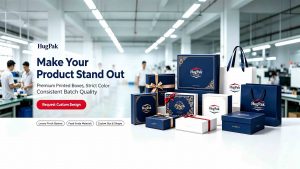 Luxury custom gift packaging boxes in factory workshop, premium printed cardboard boxes for brand packaging