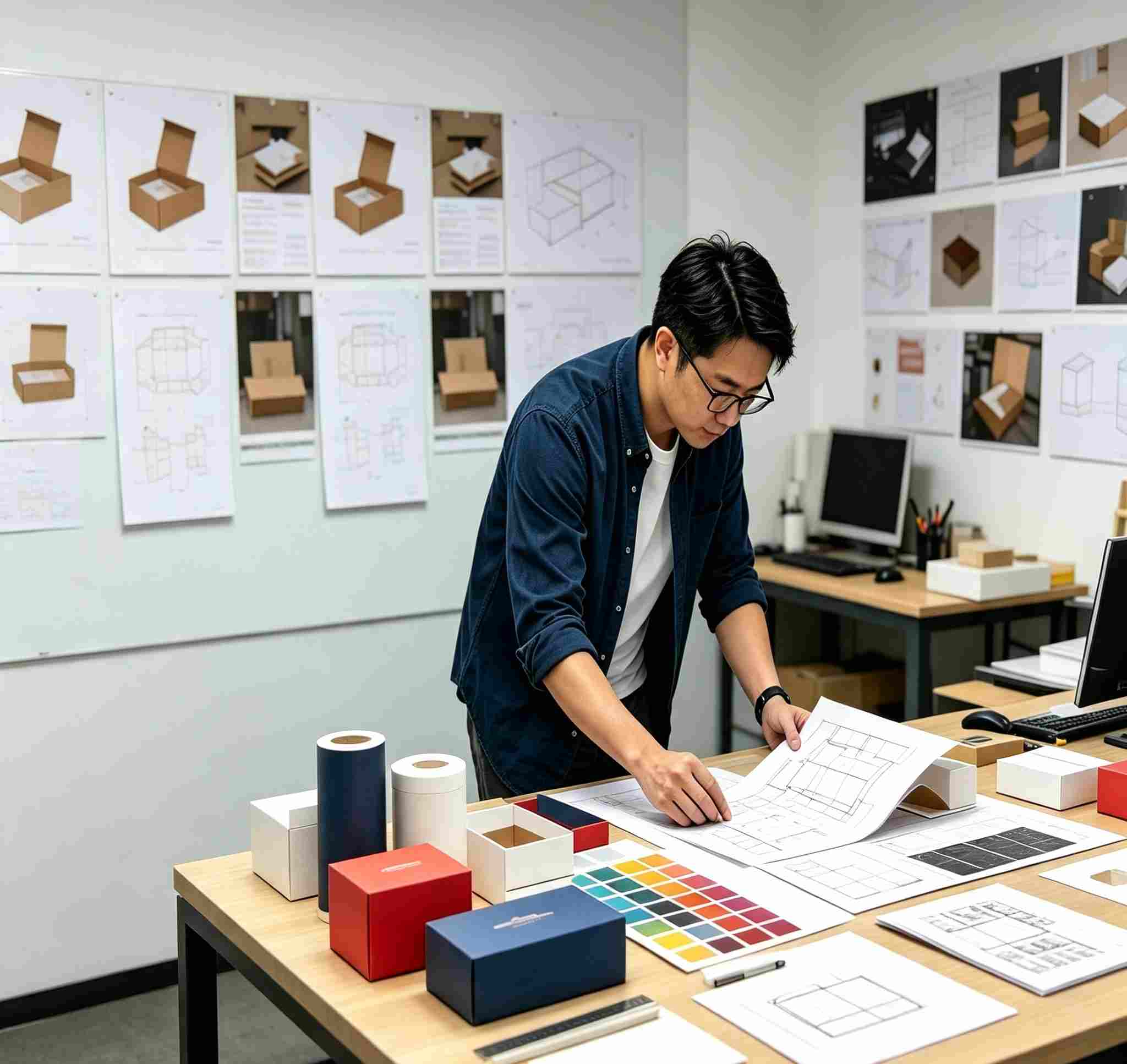Professional packaging designer drafting box dielines, reviewing color swatches and custom rigid box prototypes in design studio for HugPak custom packaging solutions