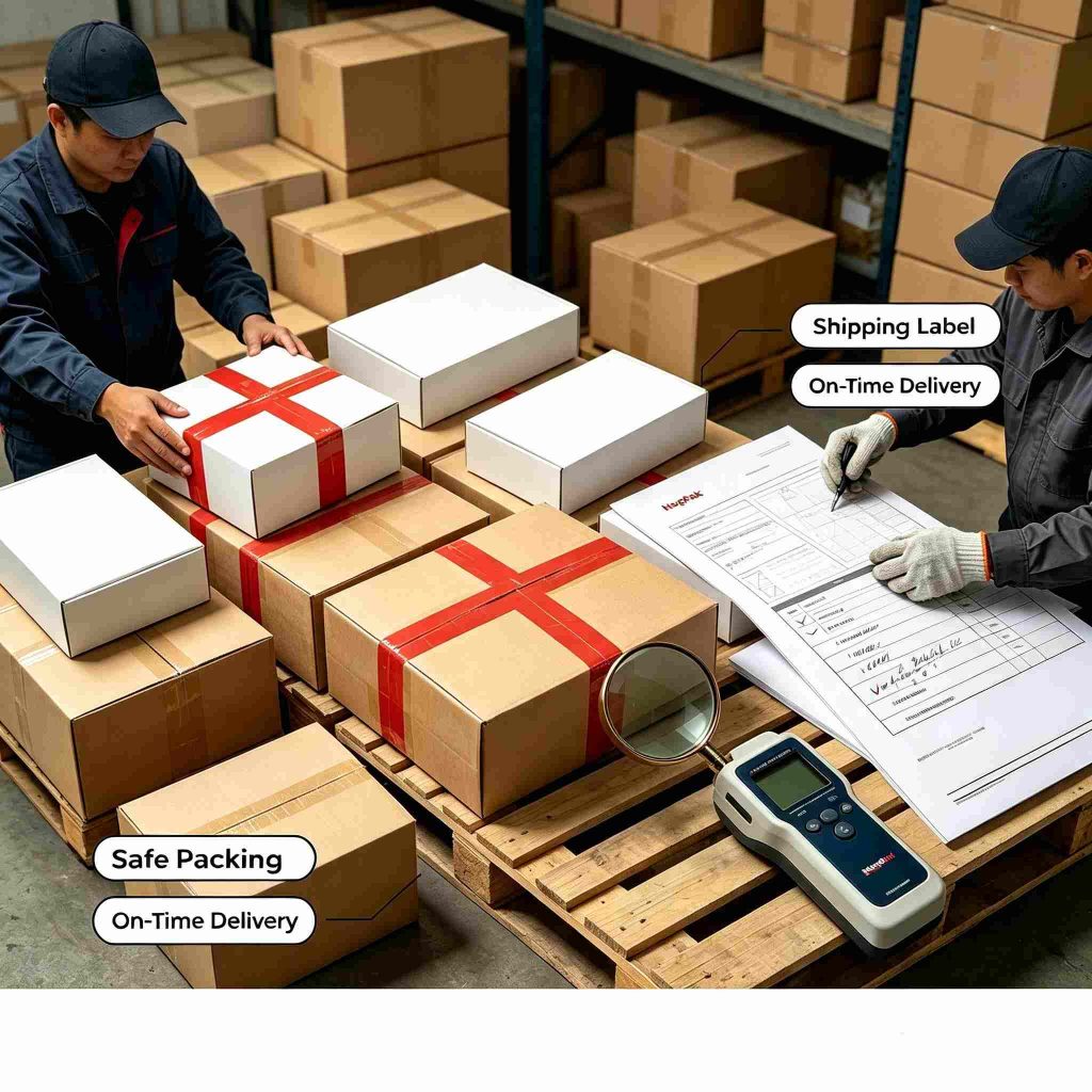 Factory team safely packing custom printed packaging boxes, attaching shipping labels and arranging reliable shipment for global clients at HugPak Packaging