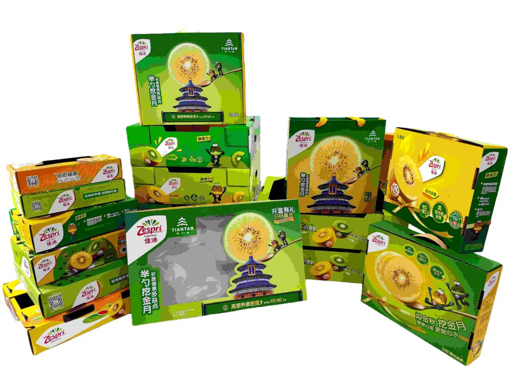 Different styles of custom fruit packaging boxes: export cartons, gift fruit boxes, window boxes and molded pulp trays