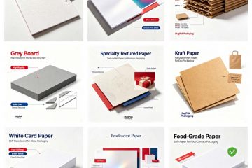 9 types of premium packaging material showcase including art paper, coated paper, E/B/F flute corrugated paper, grey board, specialty textured paper, kraft paper, white card paper, pearlescent paper and food-grade paper, professional paper stock selection for custom printed boxes - HugPak Packaging