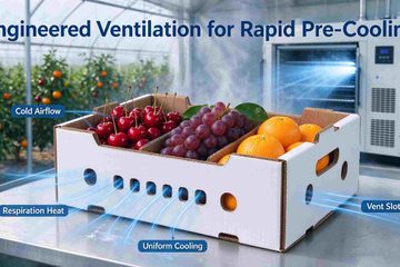 Ventilated corrugated fruit lug box by HugPackaging, air vent design for fast pre-cooling of harvested fresh fruits